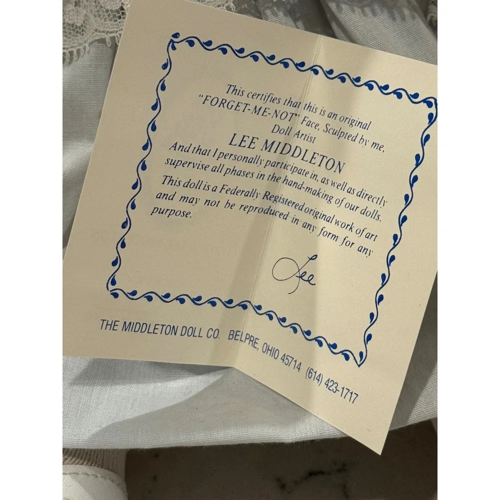Lee Middleton Forget‎ Me Not Doll Blue Dress Lace Bonnet Shoes Certificate
